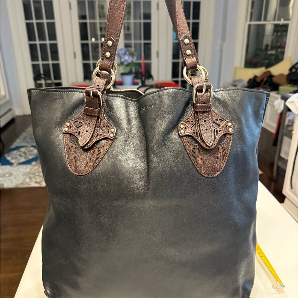 Foley + Corinna Black Leather Large Tote Bag Silver Hardware Brown Accents EUC - Picture 9 of 14